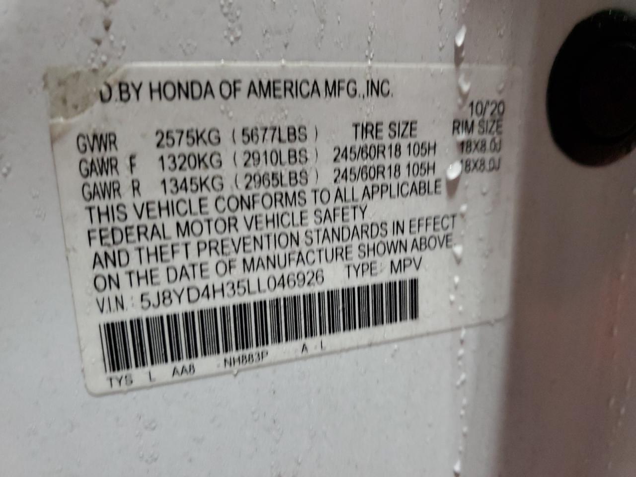 2020 Acura Mdx VIN: 5J8YD4H35LL046926 Lot: 91694205