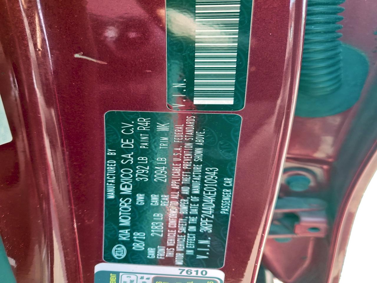 2019 Kia Forte Fe VIN: 3KPF24AD4KE010943 Lot: 93941125