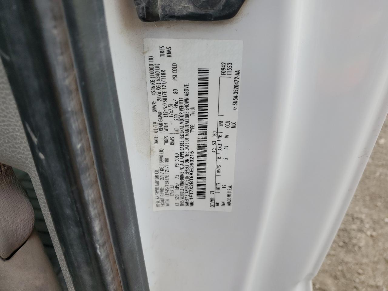 2019 Ford F250 Super Duty VIN: 1FT7X2BT6KED93215 Lot: 92664705