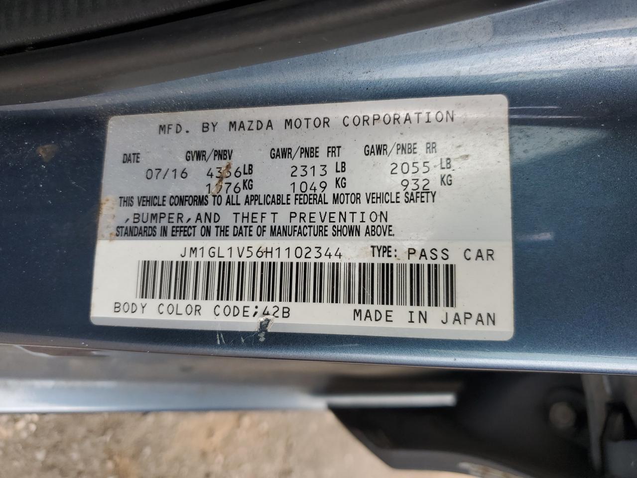 2017 Mazda 6 Touring VIN: JM1GL1V56H1102344 Lot: 91994625