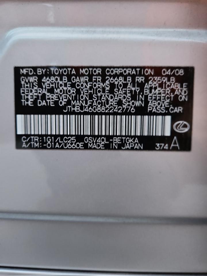 2008 Lexus Es 350 VIN: JTHBJ46G882242776 Lot: 91028135