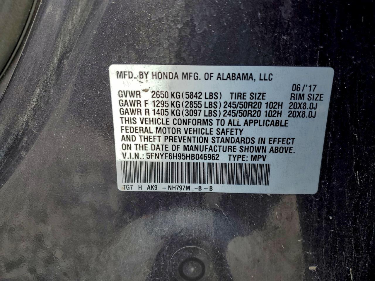 2017 Honda Pilot Touring VIN: 5FNYF6H95HB046962 Lot: 94197745