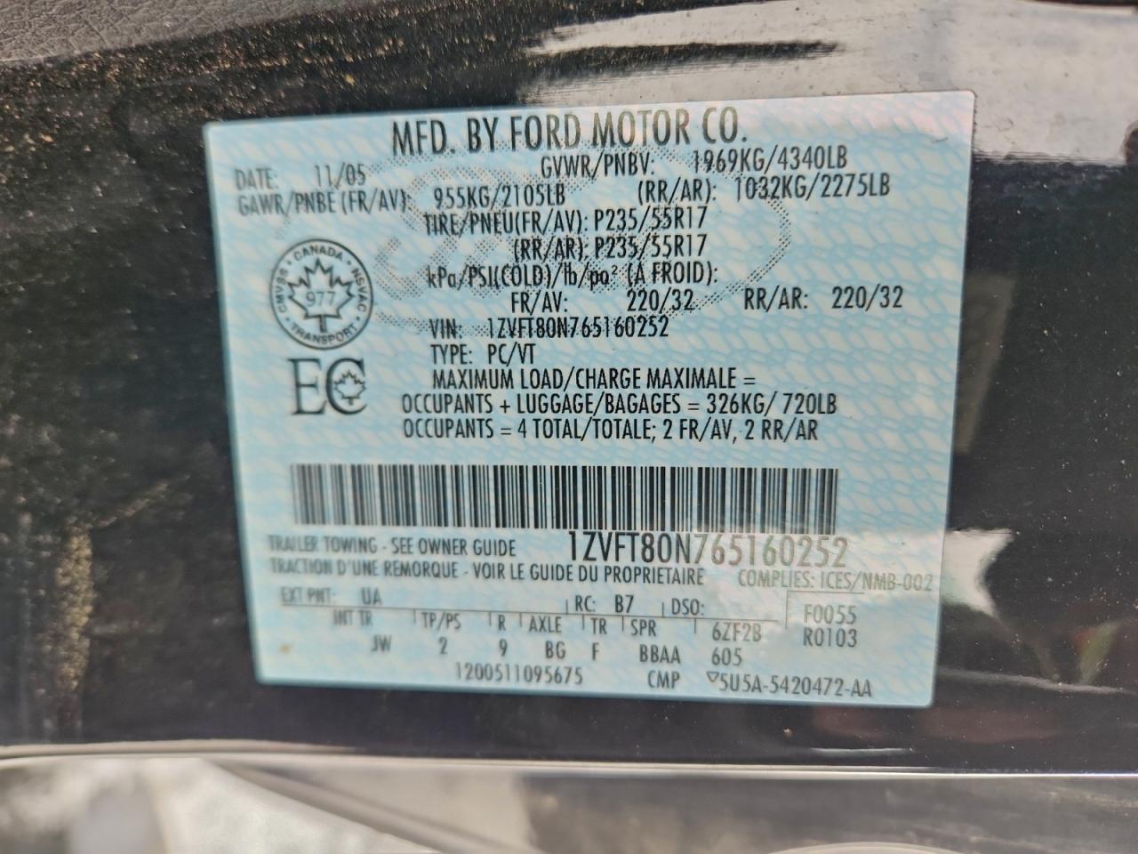 2006 Ford Mustang VIN: 1ZVFT80N765160252 Lot: 94958315