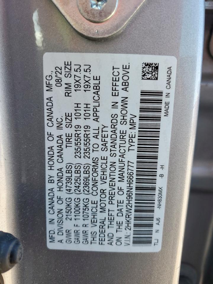 2022 Honda Cr-V Touring VIN: 2HKRW2H96NH666777 Lot: 92039555