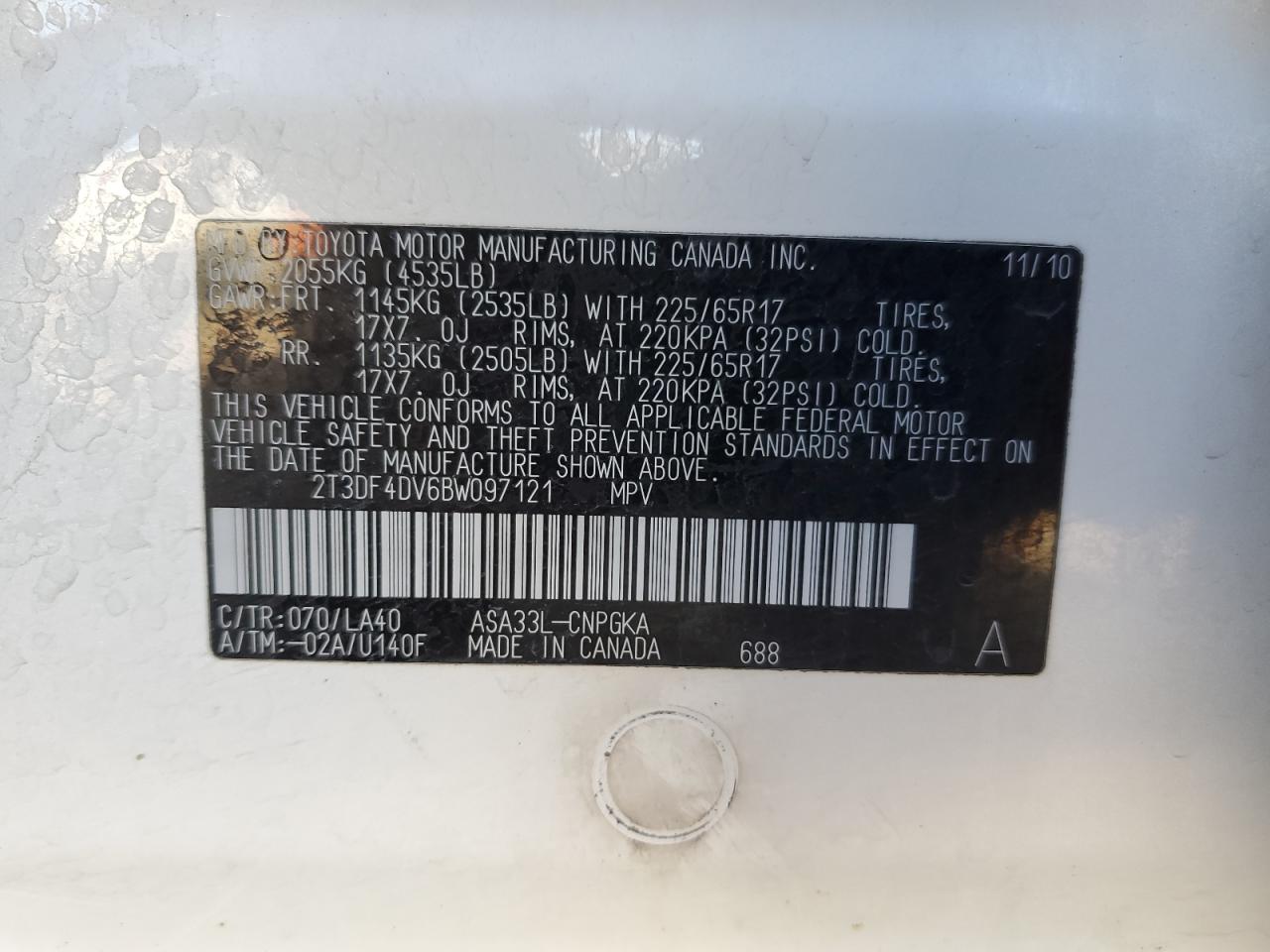 2011 Toyota Rav4 Limited VIN: 2T3DF4DV6BW097121 Lot: 91967885