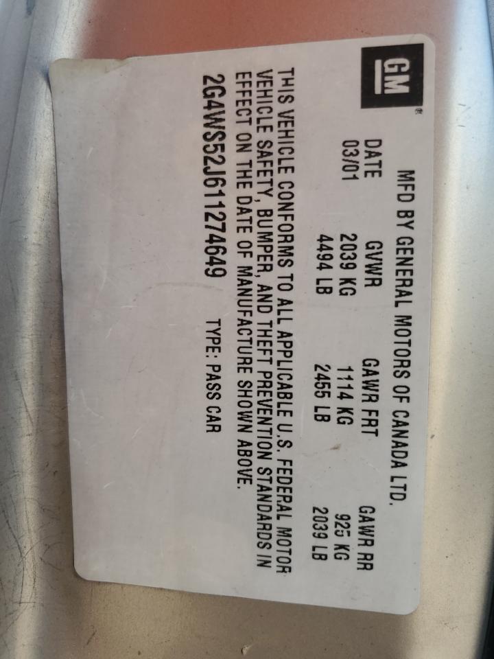 2001 Buick Century Custom VIN: 2G4WS52J611274649 Lot: 91294025