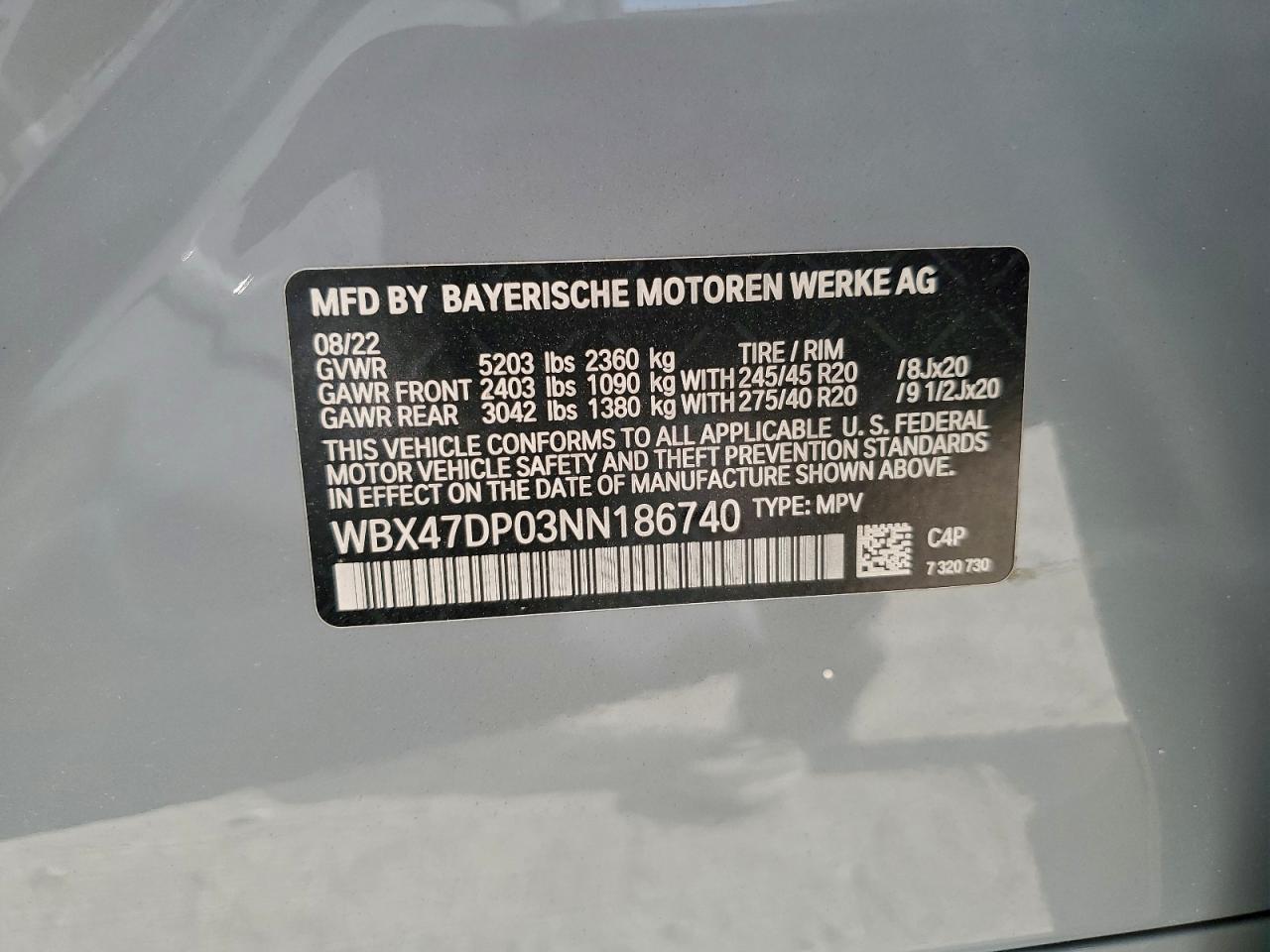 2022 BMW X3 Sdrive30I VIN: WBX47DP03NN186740 Lot: 93965055