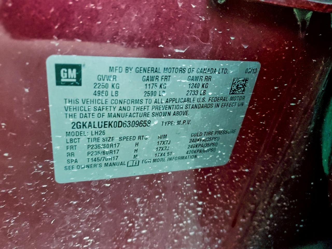 2013 GMC Terrain Slt VIN: 2GKALUEK0D6309658 Lot: 93707095