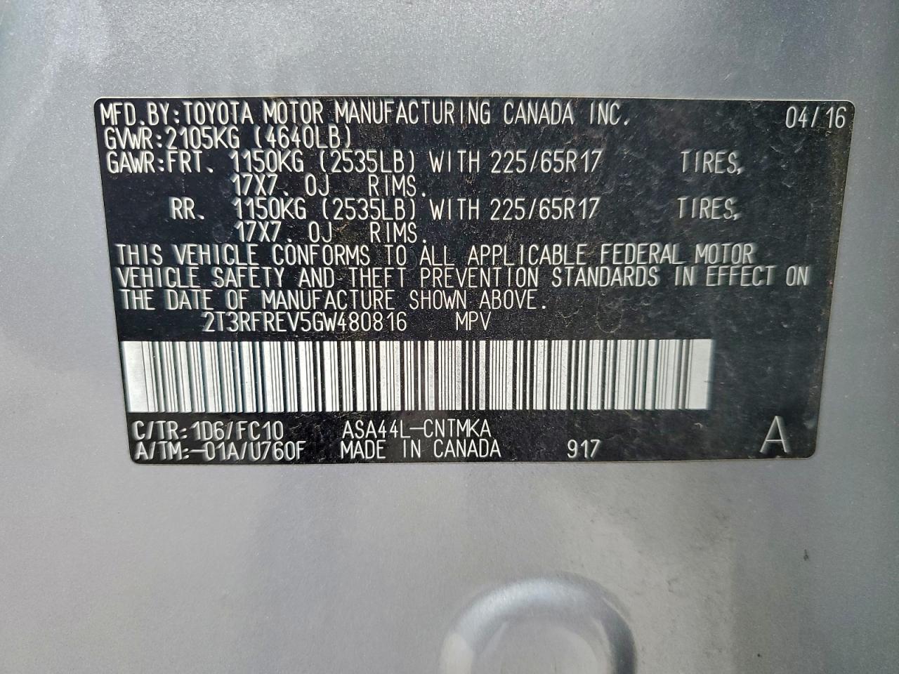 2016 Toyota Rav4 Xle VIN: 2T3RFREV5GW480816 Lot: 93900765