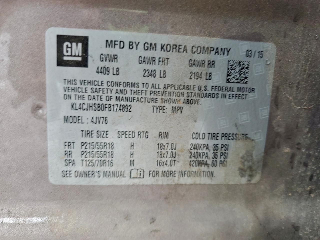 2015 Buick Encore Premium VIN: KL4CJHSB0FB174892 Lot: 94106535