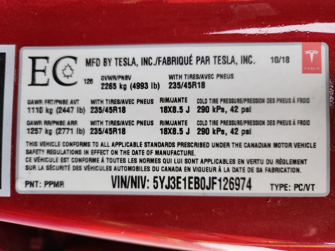 2018 Tesla Model 3 VIN: 5YJ3E1EB0JF126974 Lot: 91460845