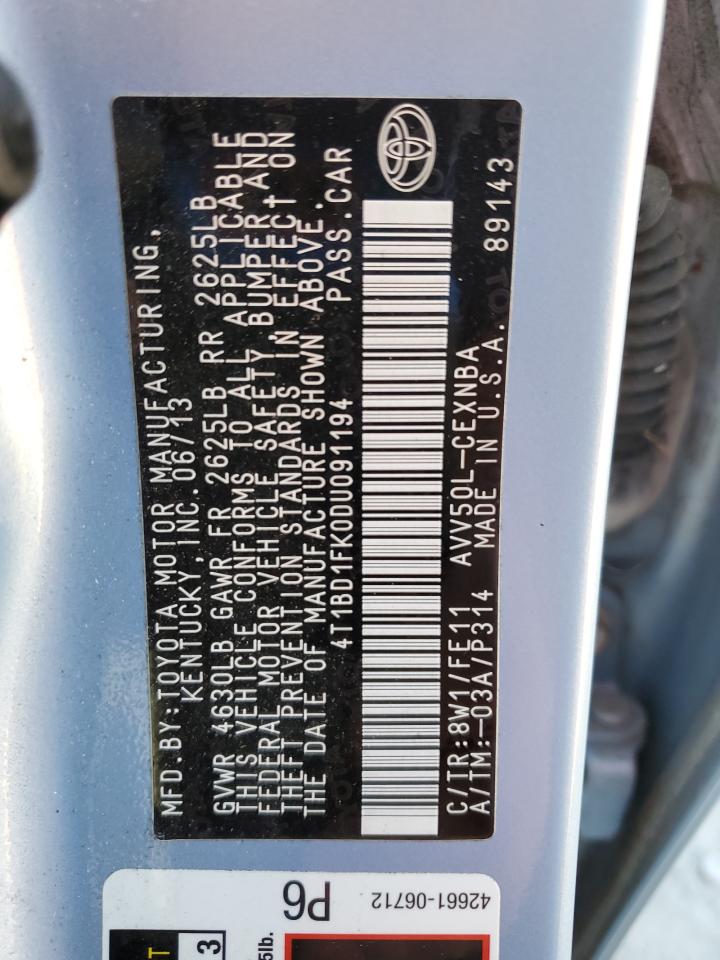 2013 Toyota Camry Hybrid VIN: 4T1BD1FK0DU091194 Lot: 92524985