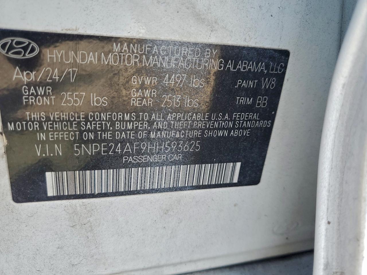 2017 Hyundai Sonata Se VIN: 5NPE24AF9HH593625 Lot: 94548265