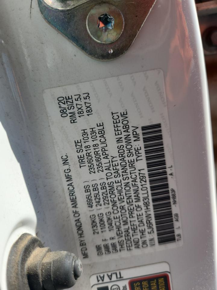 2020 Honda Cr-V Exl VIN: 5J6RW1H83LL012971 Lot: 92630805