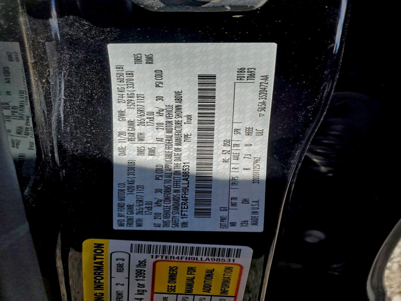 2020 Ford Ranger Xl VIN: 1FTER4FH9LLA98531 Lot: 94117245