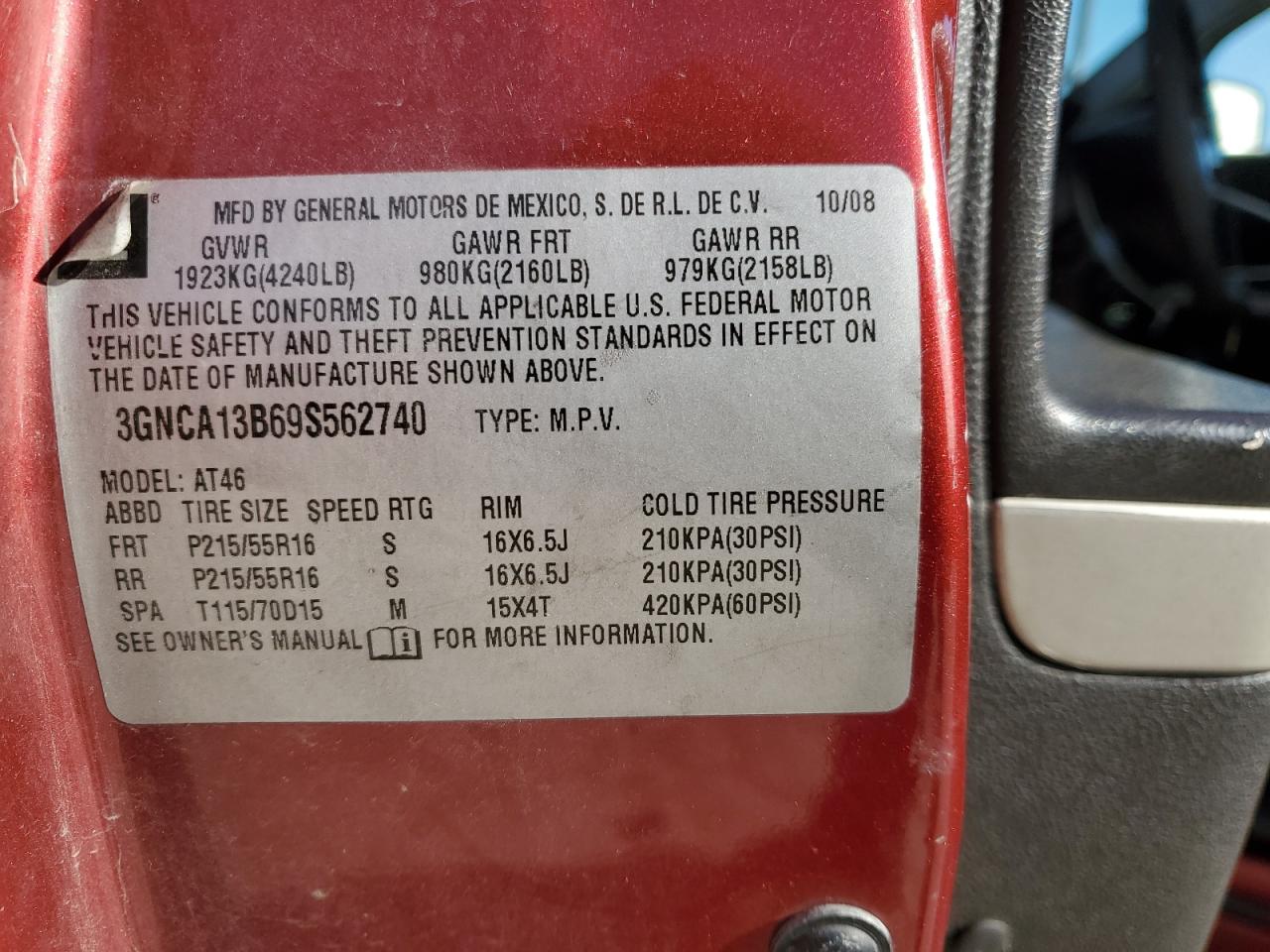 2009 Chevrolet Hhr Ls VIN: 3GNCA13B69S562740 Lot: 92669805