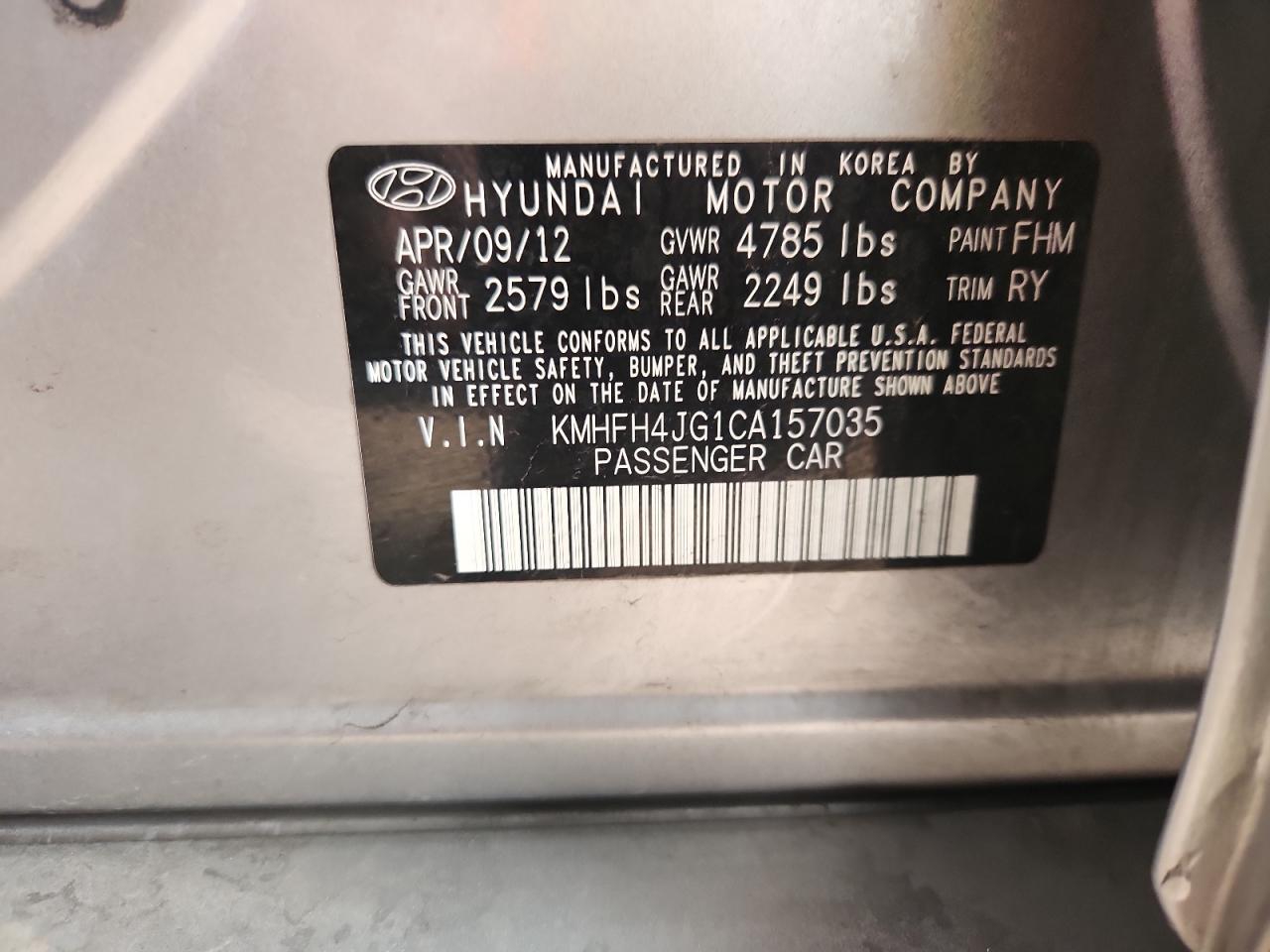 2012 Hyundai Azera Gls VIN: KMHFH4JG1CA157035 Lot: 93741875