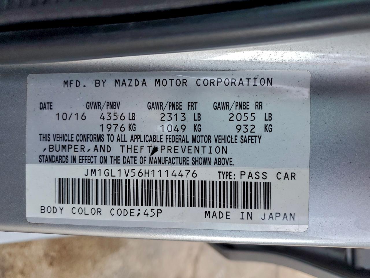 2017 Mazda 6 Touring VIN: JM1GL1V56H1114476 Lot: 93074785