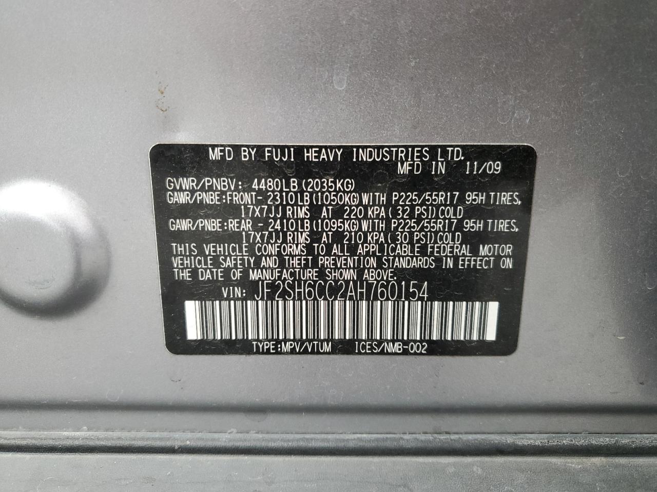 2010 Subaru Forester 2.5X Premium VIN: JF2SH6CC2AH760154 Lot: 92800485