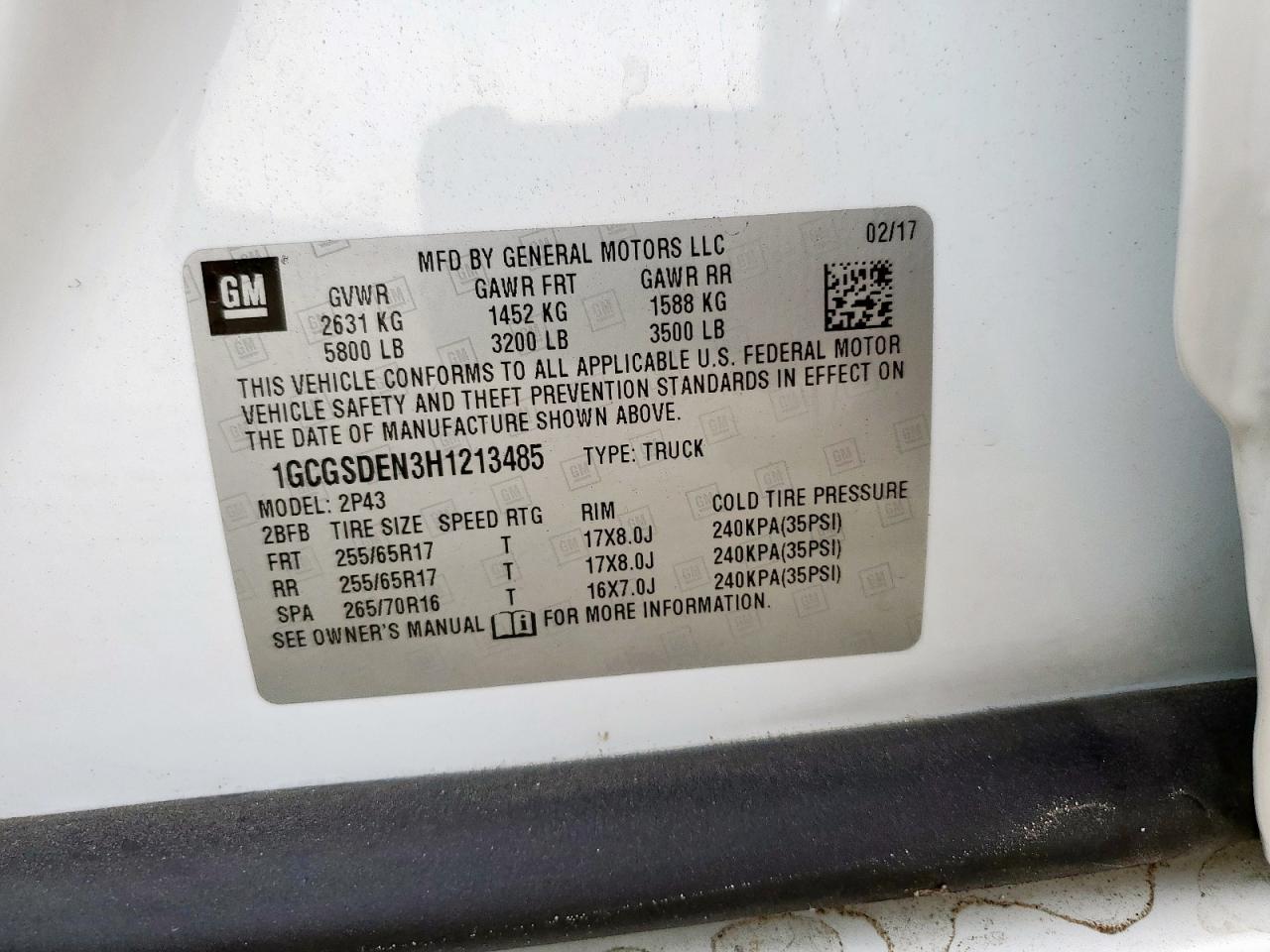 2017 Chevrolet Colorado Z71 VIN: 1GCGSDEN3H1213485 Lot: 93559245