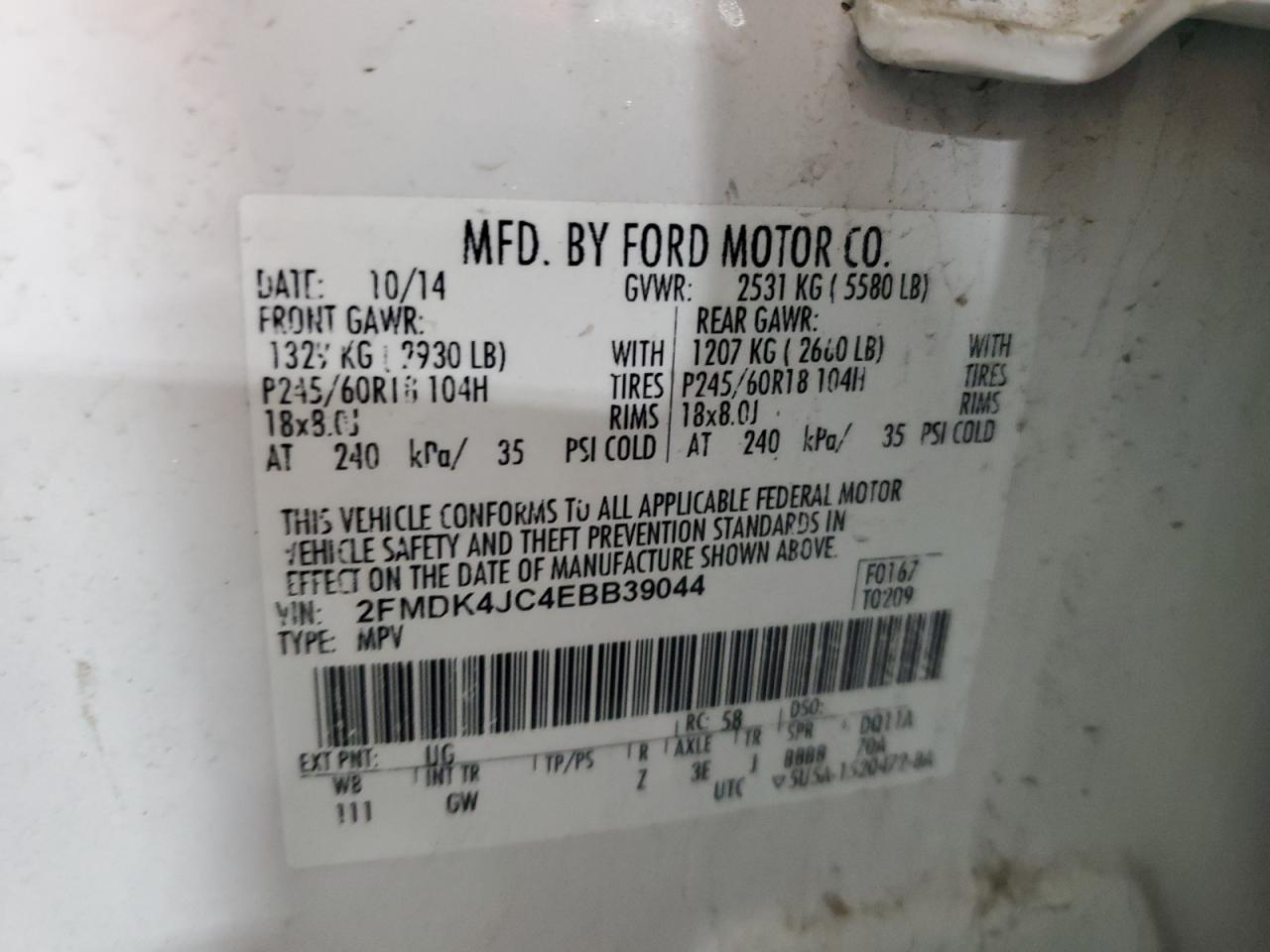 2014 Ford Edge Sel VIN: 2FMDK4JC4EBB39044 Lot: 90601485