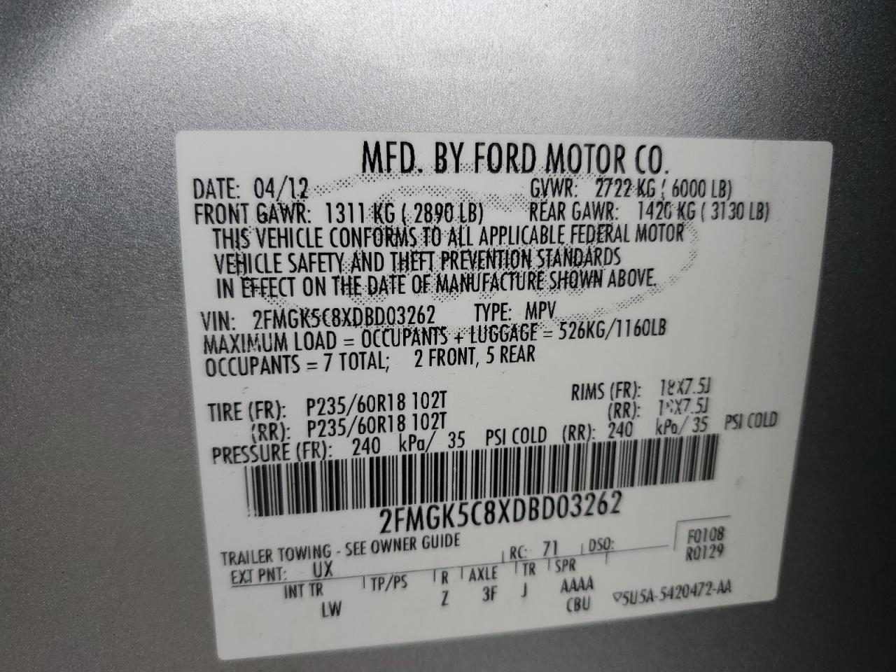 2013 Ford Flex Sel VIN: 2FMGK5C8XDBD03262 Lot: 93274515