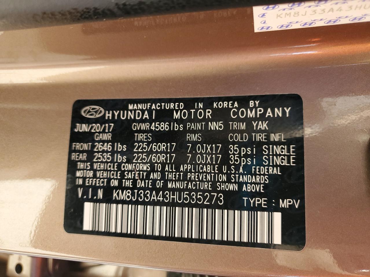 2017 Hyundai Tucson Limited VIN: KM8J33A43HU535273 Lot: 91289245