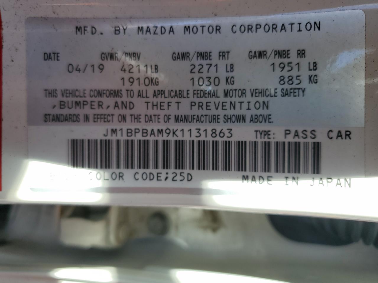 2019 Mazda 3 Select VIN: JM1BPBAM9K1131863 Lot: 90335045