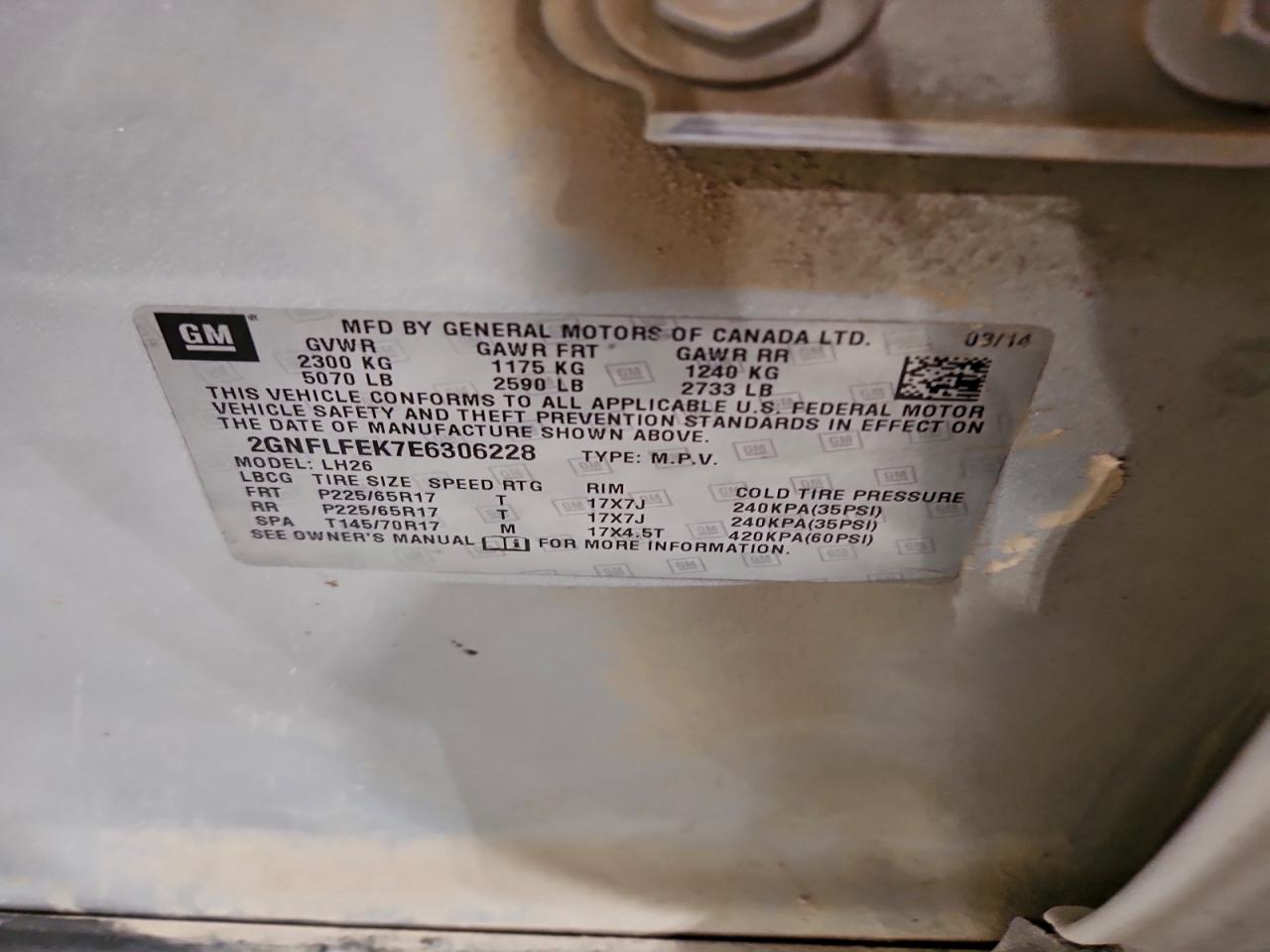 2014 Chevrolet Equinox Lt VIN: 2GNFLFEK7E6306228 Lot: 94342385