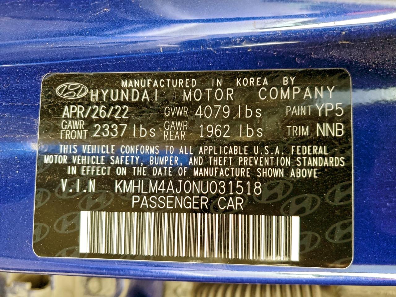 2022 Hyundai Elantra Blue VIN: KMHLM4AJ0NU031518 Lot: 94366365