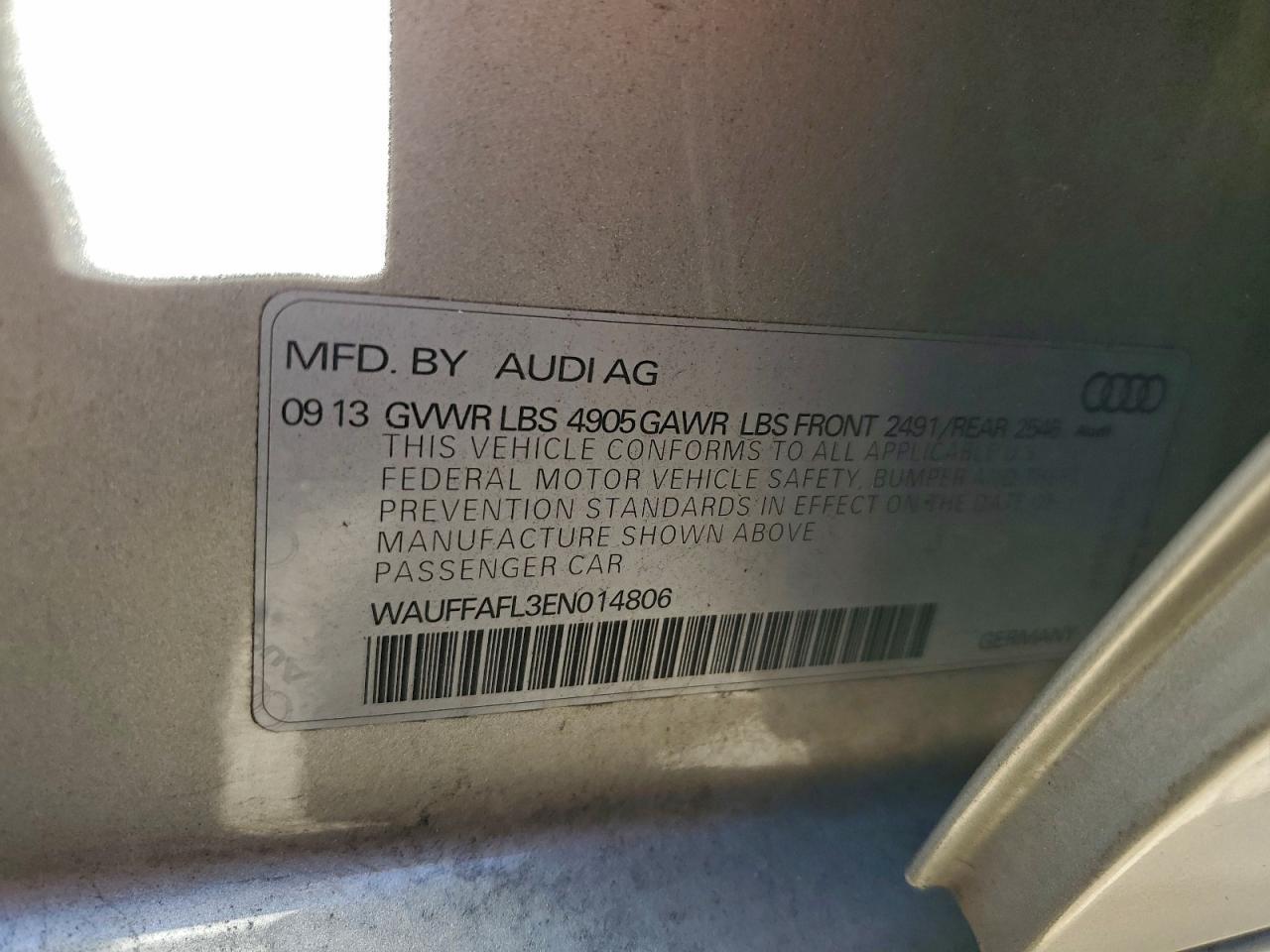 2014 Audi A4 Premium Plus VIN: WAUFFAFL3EN014806 Lot: 93932245