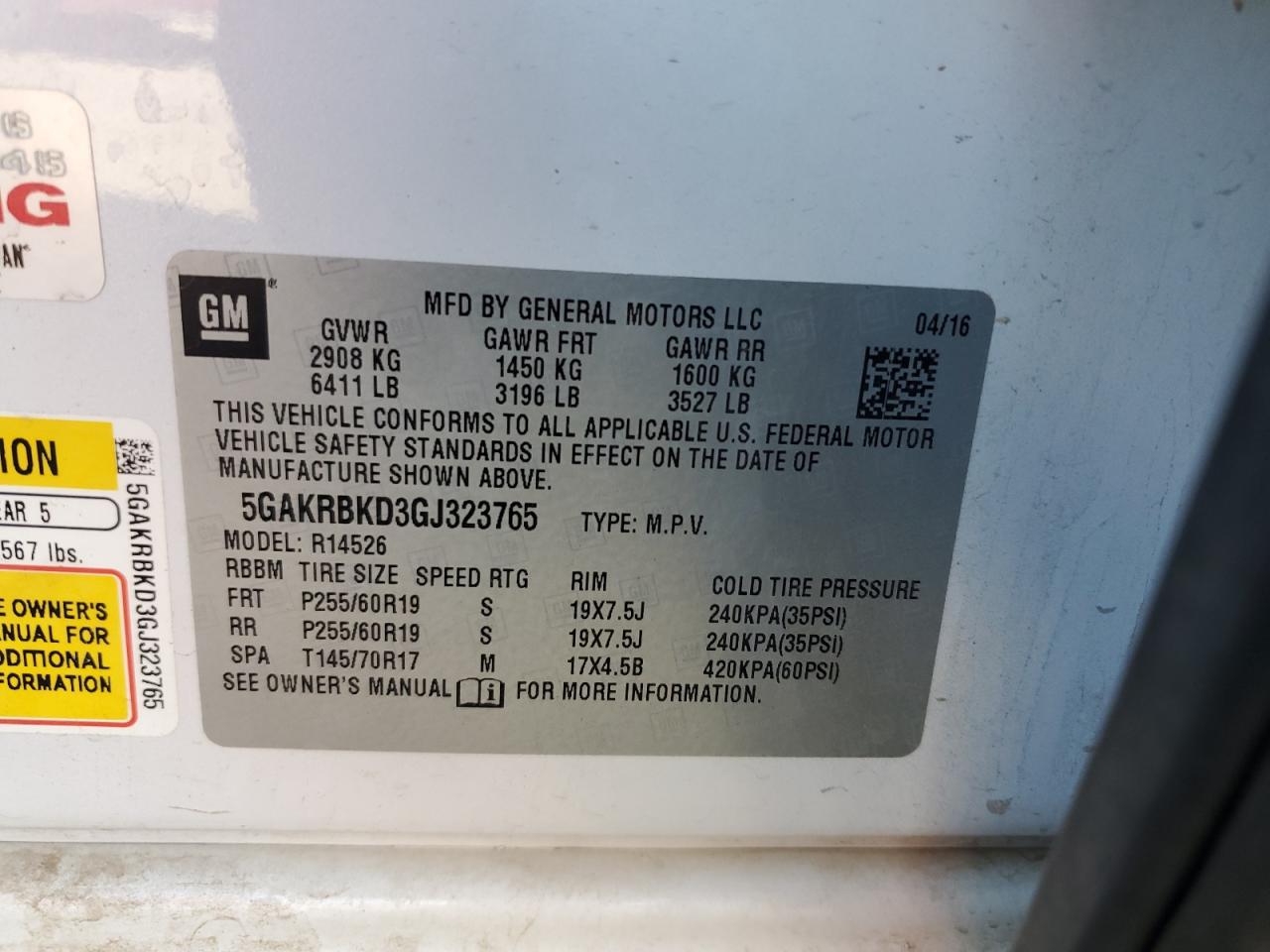 2016 Buick Enclave VIN: 5GAKRBKD3GJ323765 Lot: 92962525