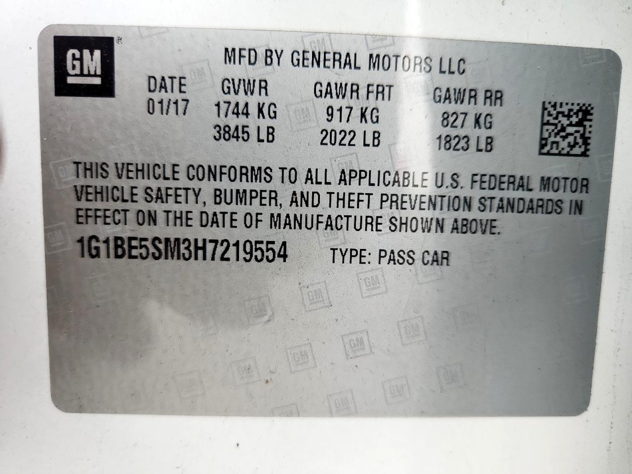 2017 Chevrolet Cruze Lt VIN: 1G1BE5SM3H7219554 Lot: 93480205