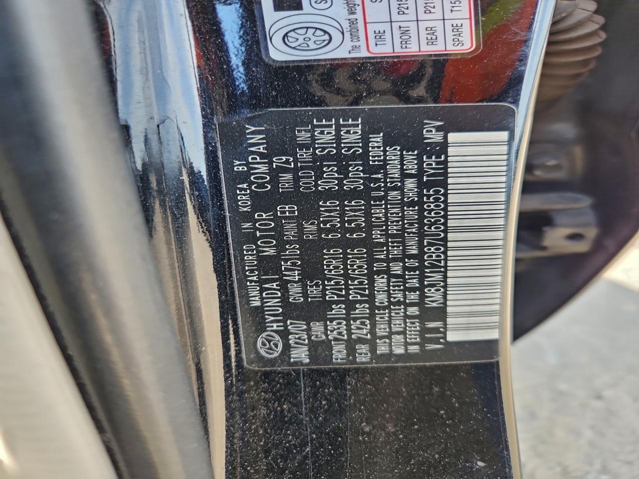 2007 Hyundai Tucson Gls VIN: KM8JM12B87U636855 Lot: 93683025