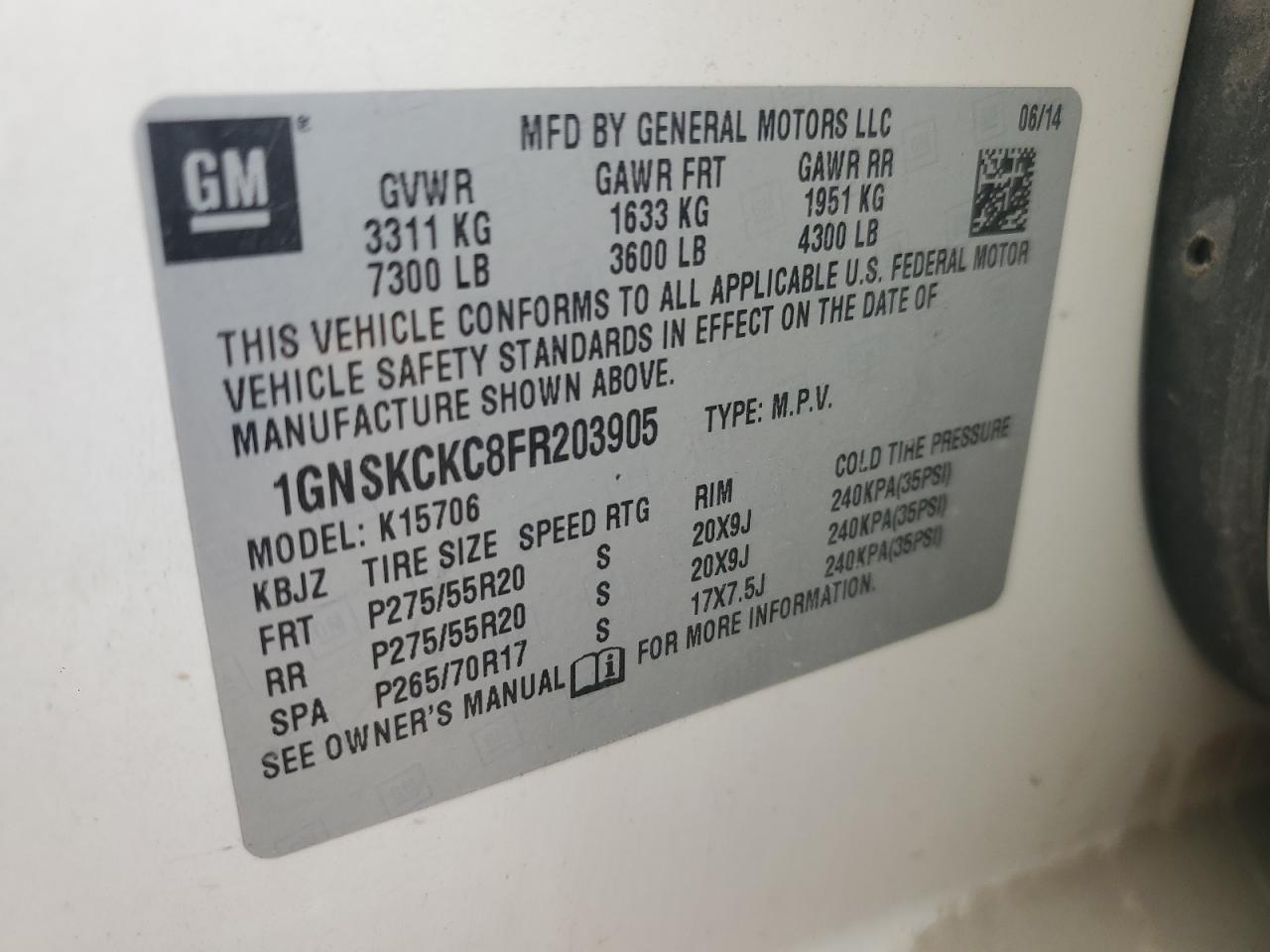 2015 Chevrolet Tahoe K1500 Ltz VIN: 1GNSKCKC8FR203905 Lot: 92279505