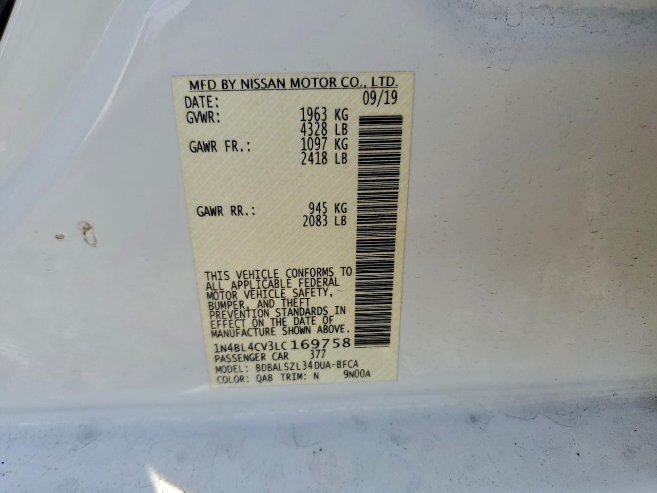 2020 Nissan Altima Sr VIN: 1N4BL4CV3LC169758 Lot: 94176955