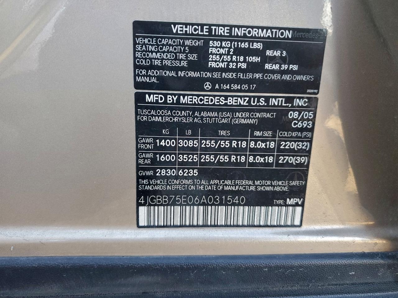 2006 Mercedes-Benz Ml 500 VIN: 4JGBB75E06A031540 Lot: 92764175