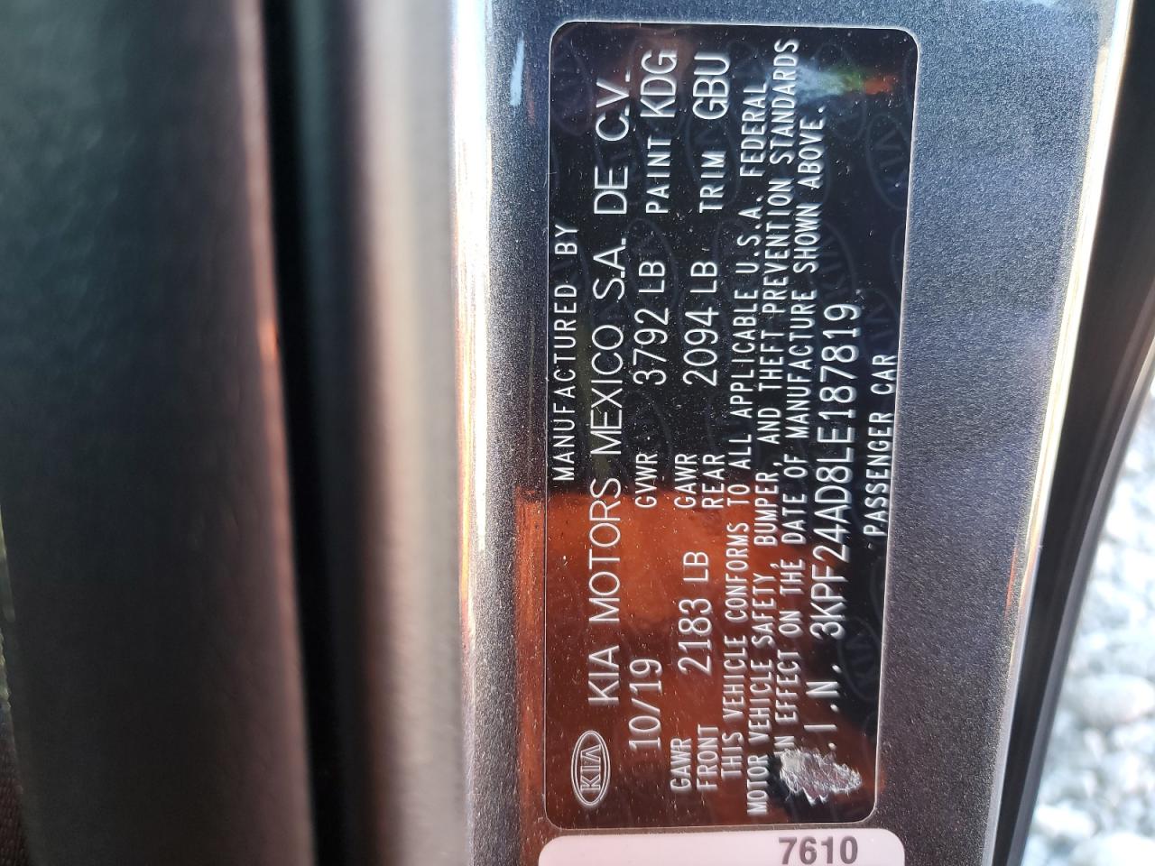 2020 Kia Forte Fe VIN: 3KPF24AD8LE187819 Lot: 92523185