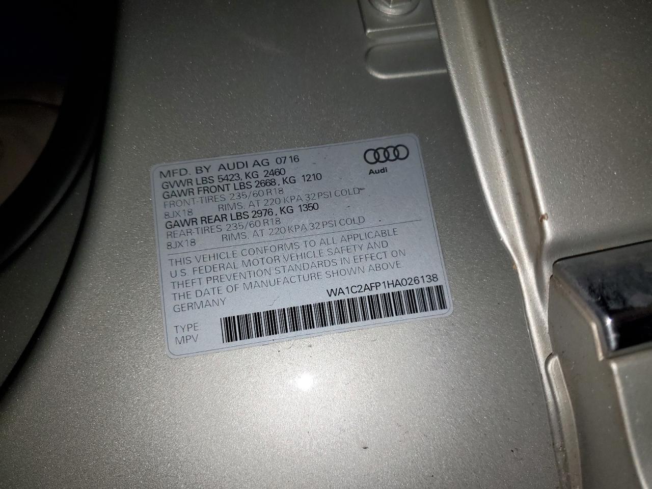 2017 Audi Q5 Premium VIN: WA1C2AFP1HA026138 Lot: 92684865