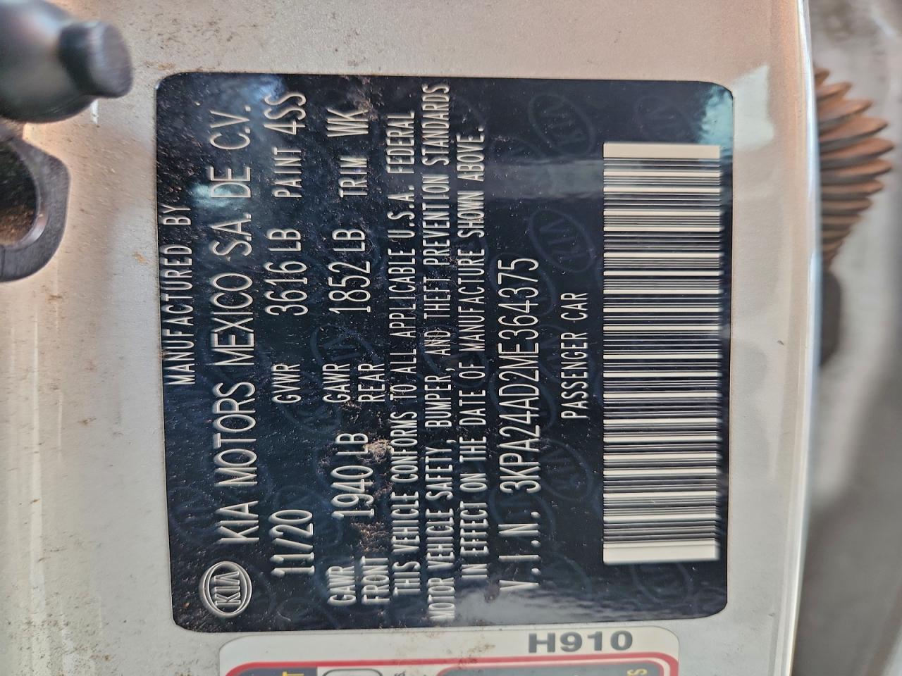 2021 Kia Rio Lx VIN: 3KPA24AD2ME364375 Lot: 93031715