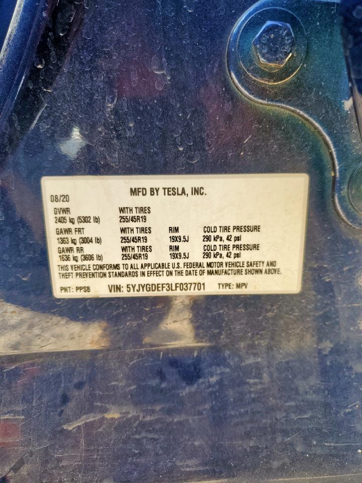 2020 Tesla Model Y VIN: 5YJYGDEF3LF037701 Lot: 93314135