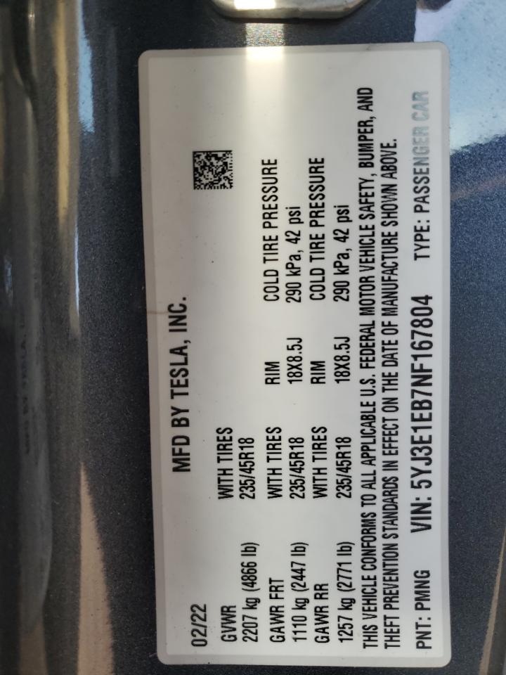 2022 Tesla Model 3 VIN: 5YJ3E1EB7NF167804 Lot: 93029165