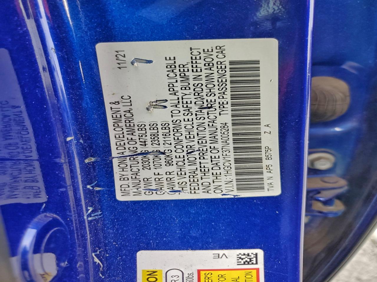 2022 Honda Accord Sport VIN: 1HGCV1F37NA005284 Lot: 93901405