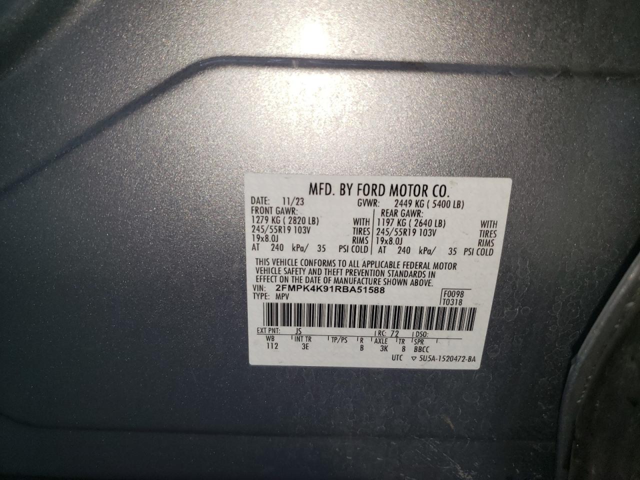 2024 Ford Edge Titanium VIN: 2FMPK4K91RBA51588 Lot: 92084645