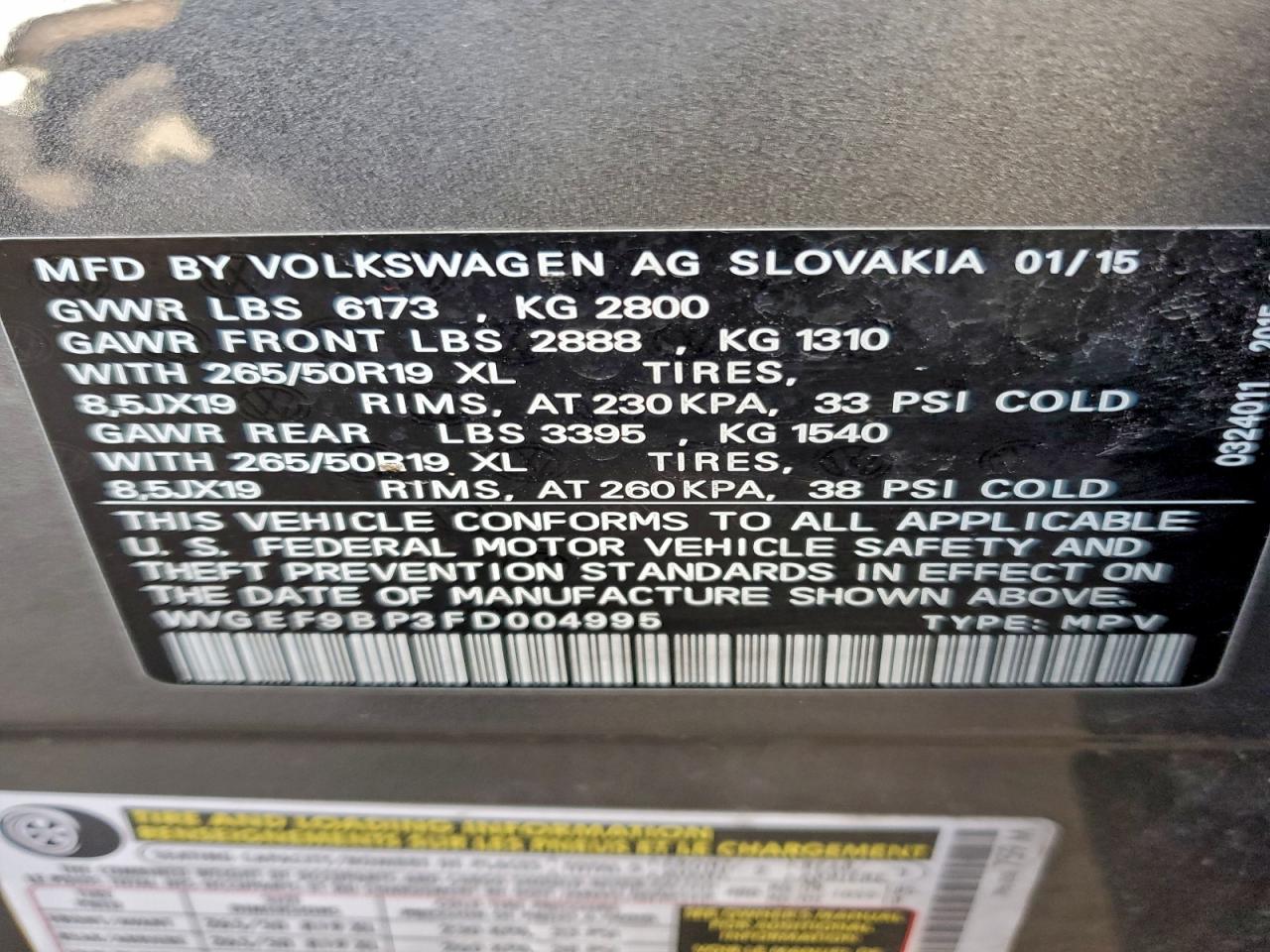 2015 Volkswagen Touareg V6 VIN: WVGEF9BP3FD004995 Lot: 94332835