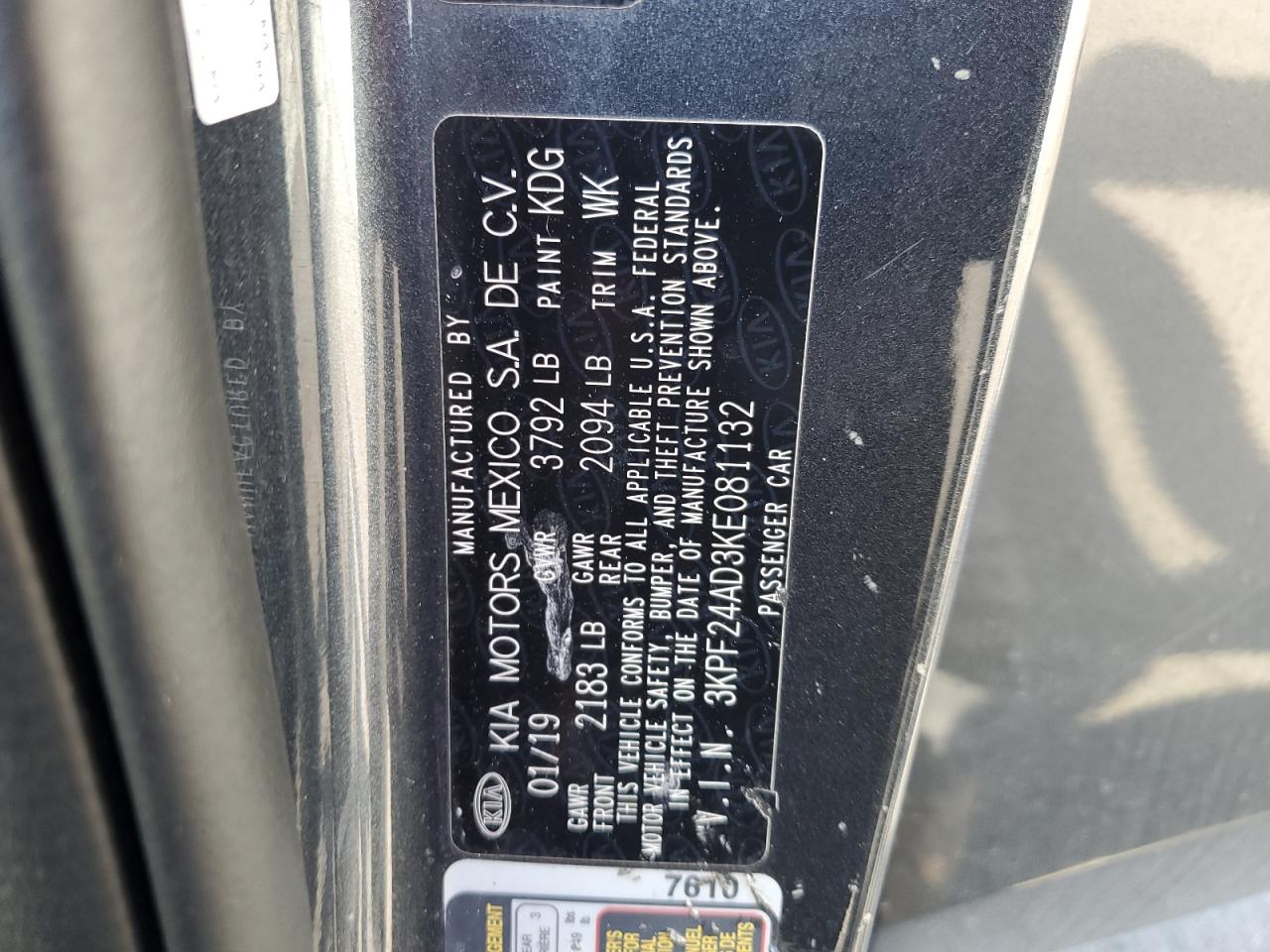 2019 Kia Forte Fe VIN: 3KPF24AD3KE081132 Lot: 91915765