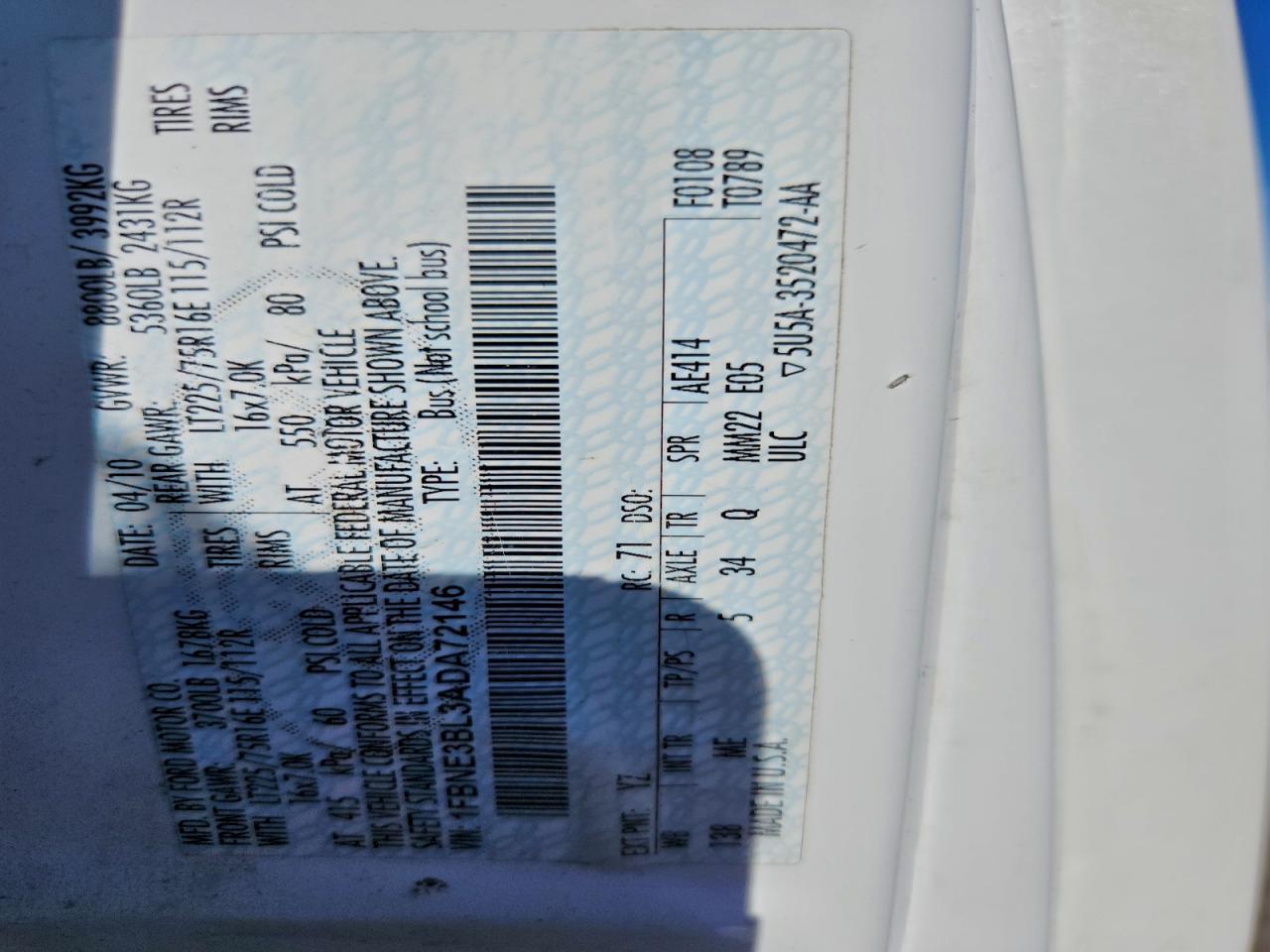 2010 Ford Econoline E350 Super Duty Wagon VIN: 1FBNE3BL3ADA72146 Lot: 93745045