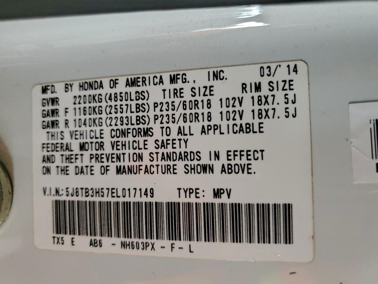 2014 Acura Rdx Technology VIN: 5J8TB3H57EL017149 Lot: 93679785