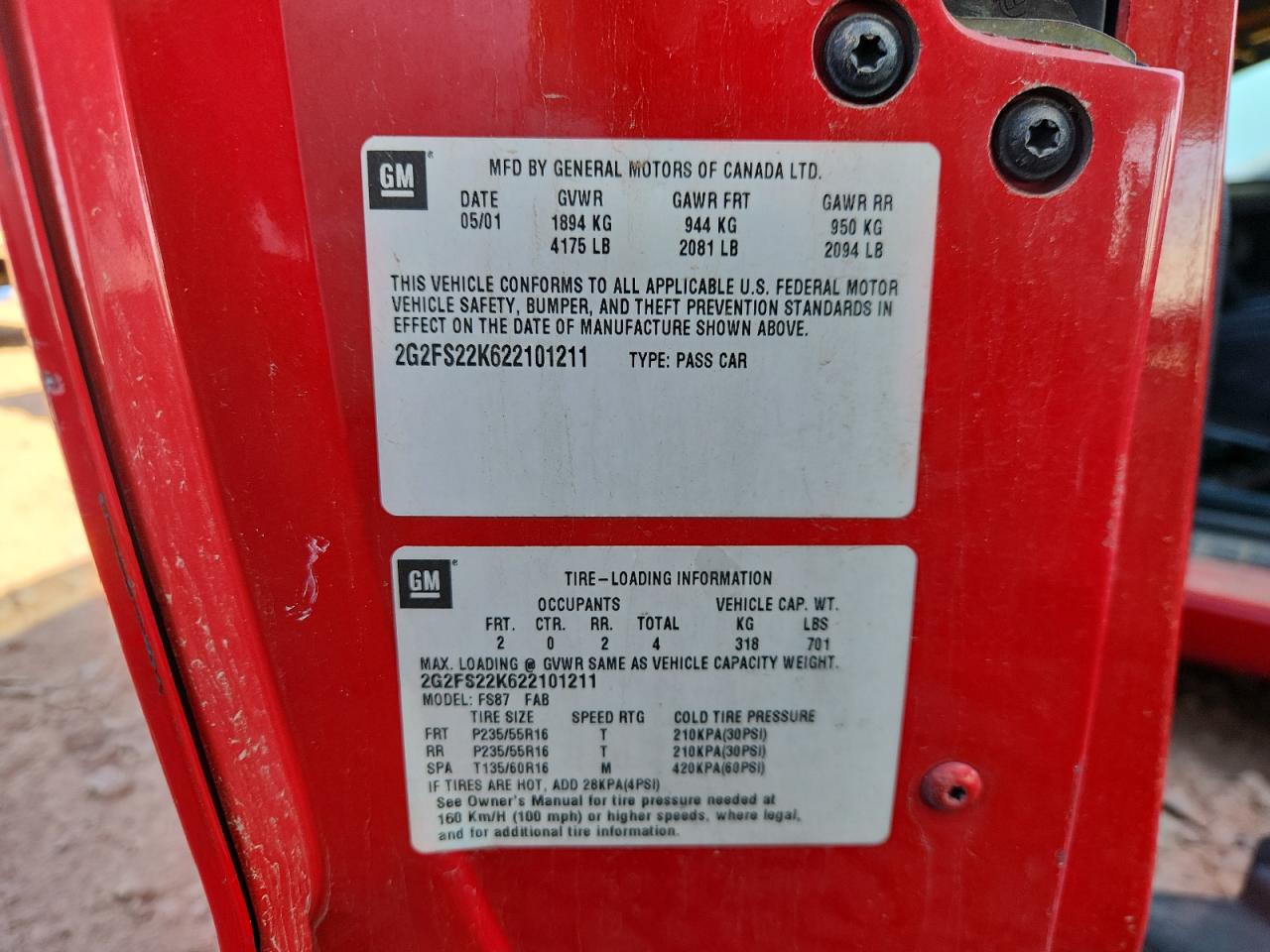 2002 Pontiac Firebird VIN: 2G2FS22K622101211 Lot: 92656285