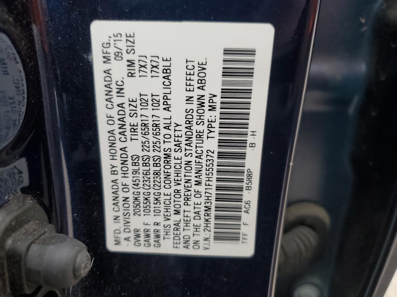 2015 Honda Cr-V Exl VIN: 2HKRM3H71FH555372 Lot: 93731125